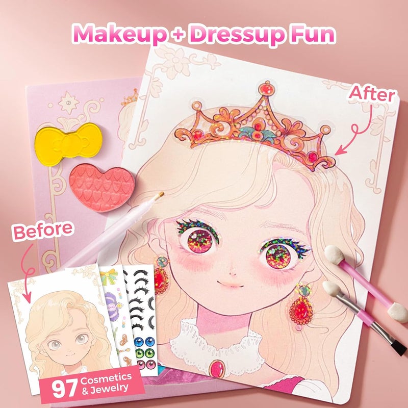 JARMELO 4 in 1 Princess Art Craft Kits, Foil Crafts Art Fun & Gem Painting, Makeup Diamond DIY Activity, Dress Up Sticker Books,Travel Toys, Ideal Toys for Girls Ages 6 7 8+ Years Old - Image 2